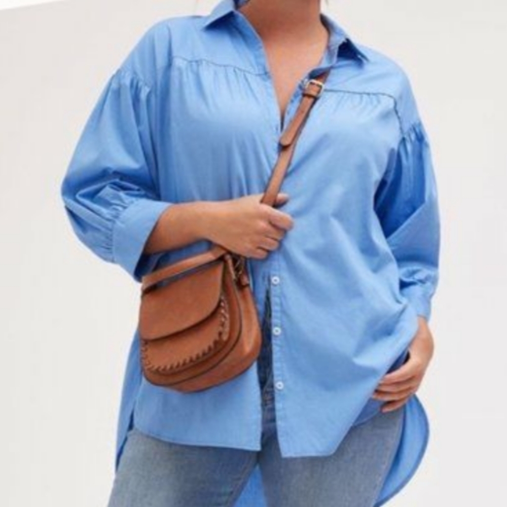 Maeve by Anthropologie poplin button down with puff sleeve
